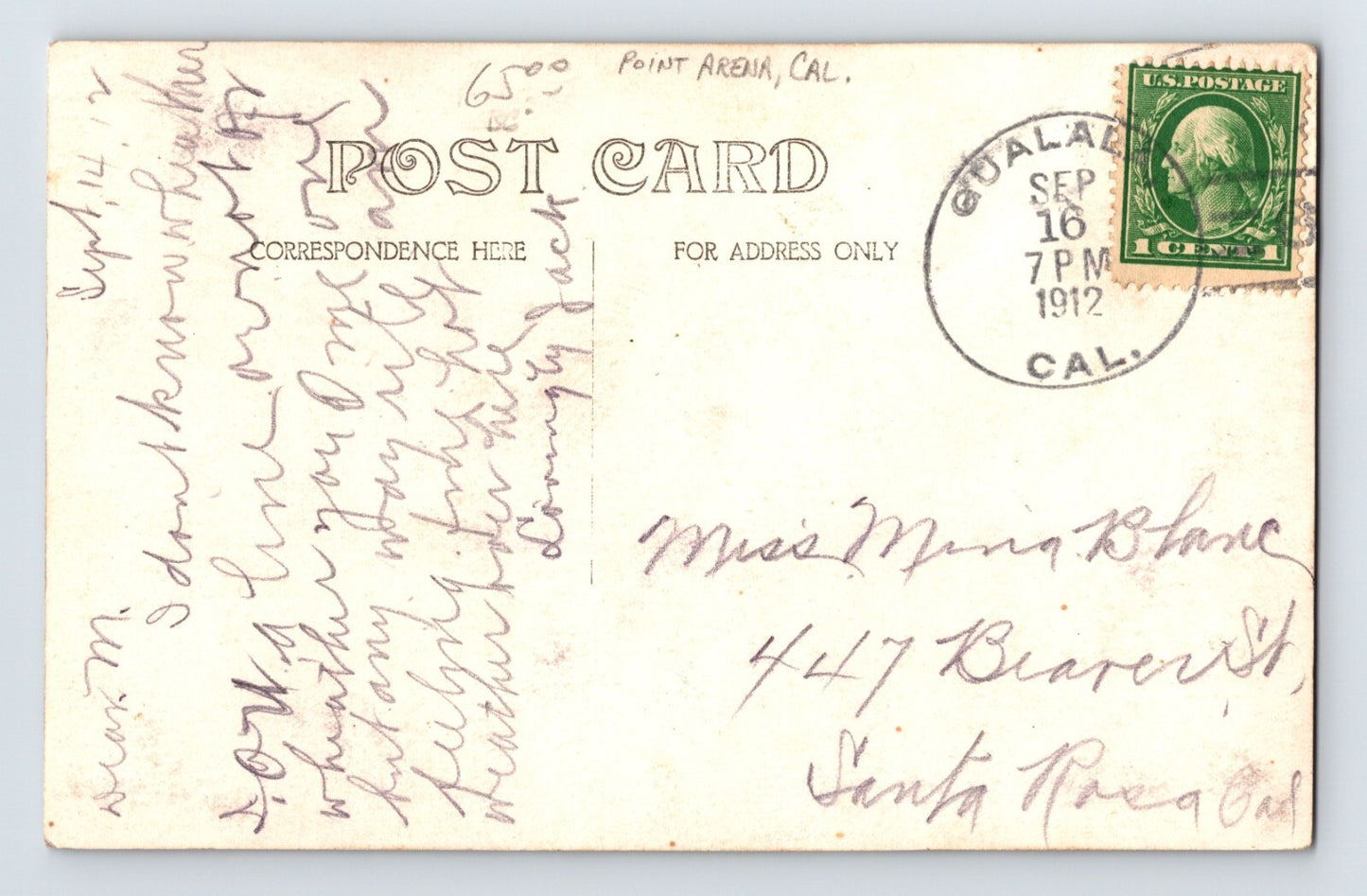 Point Arena California Downtown Aerial 1912 RPPC Postcard Posted Gualala