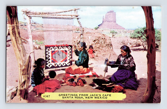 Santa Rosa New Mexico Jacks Cafe Navajo Rug Weaver 1950s Postcard Unposted