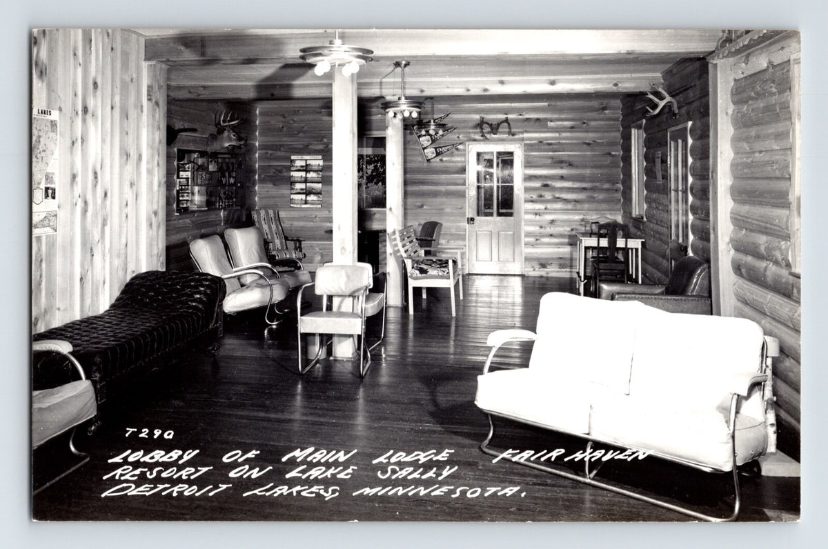 Detroit Lakes Minnesota Fairhaven Resort lodge lobby interior log walls vintage seating