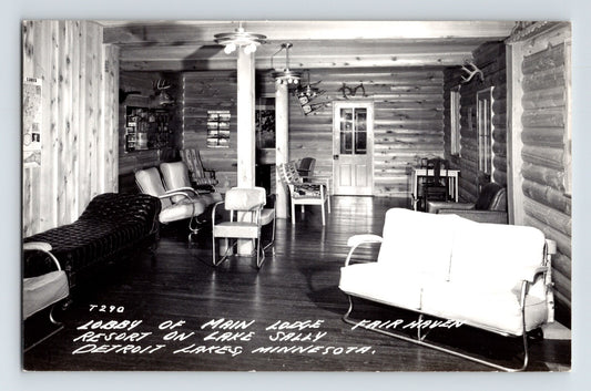 Detroit Lakes Minnesota Fairhaven Resort lodge lobby interior log walls vintage seating