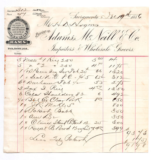 Sacramento California Adams McNeill importers wholesale grocers 1886 billhead invoice