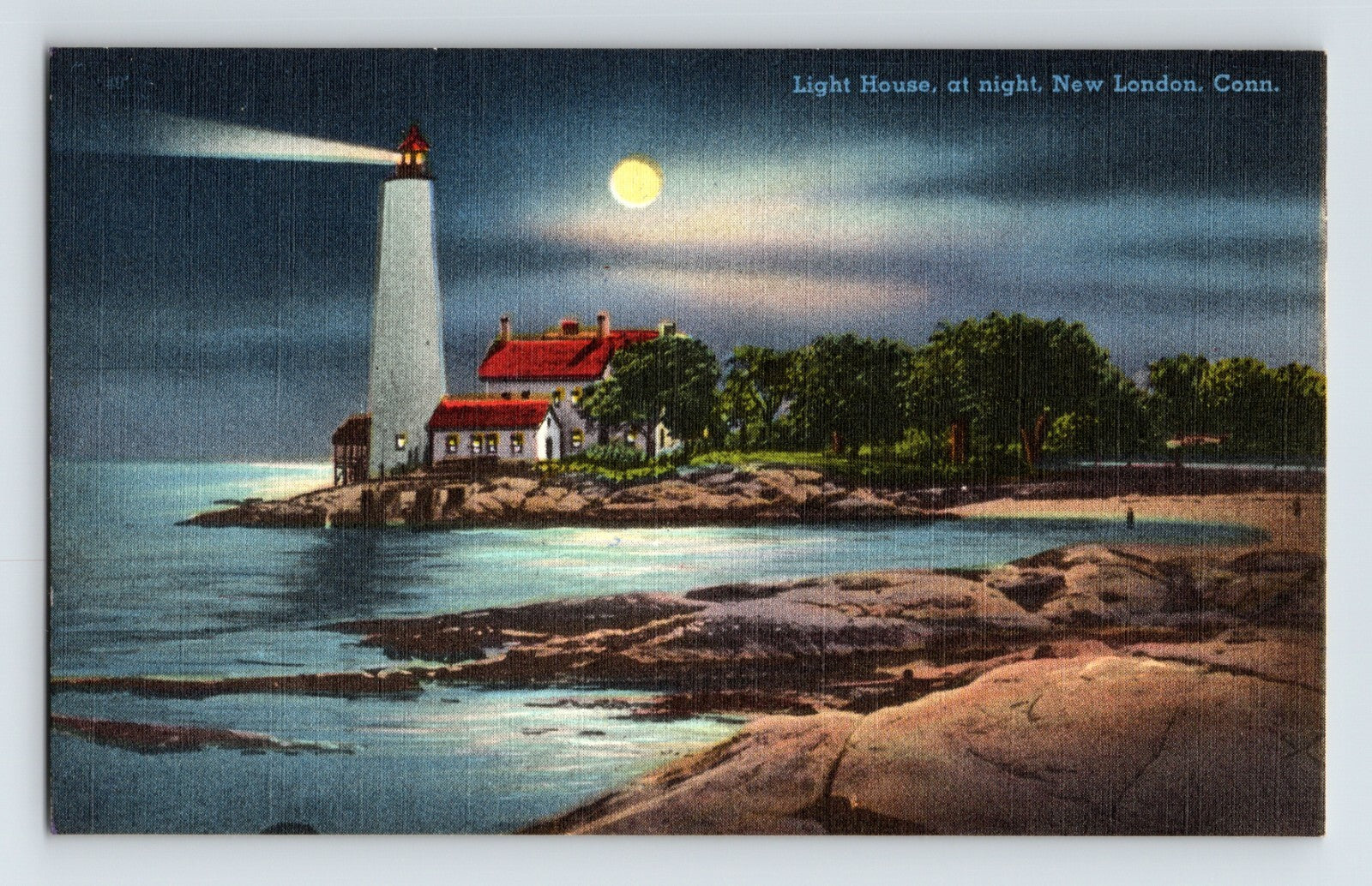 New London Connecticut lighthouse night full moon shoreline rocks illuminated tower 1940s linen postcard