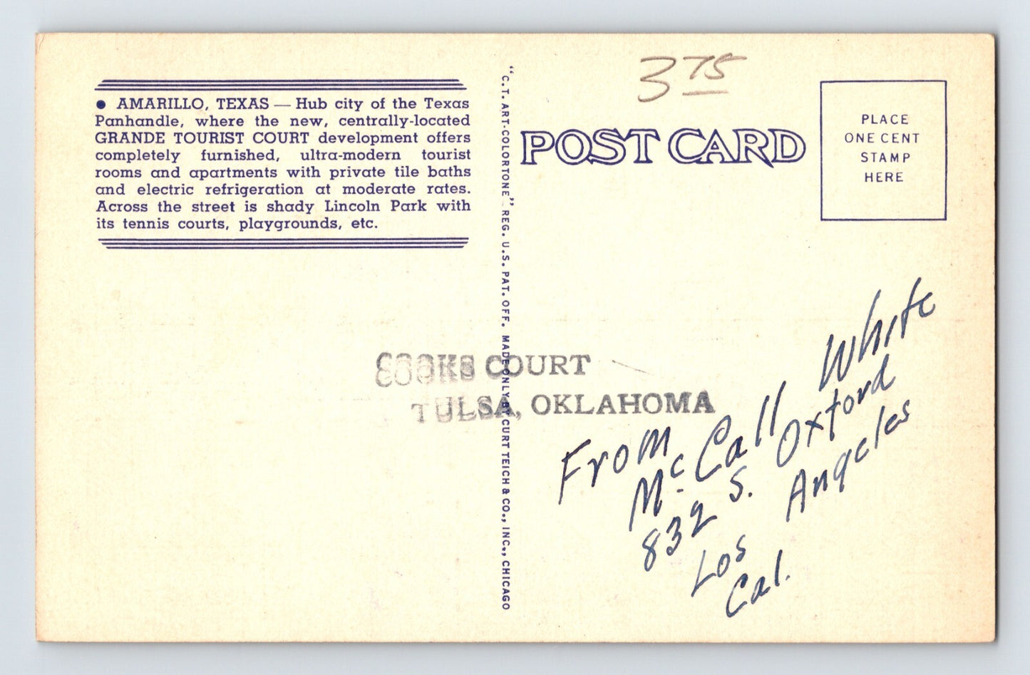 Amarillo Texas Grande Tourist Court Motel Route 66 1940s Postcard Unposted