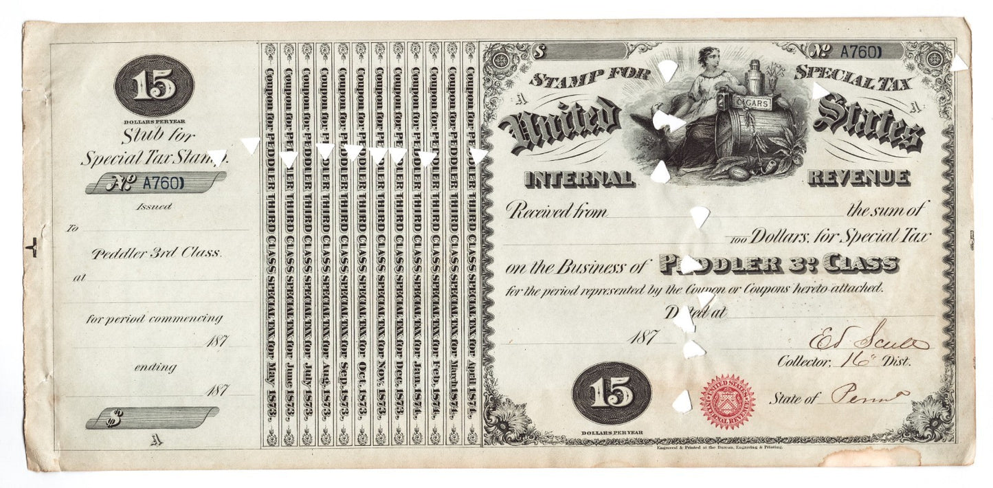 1870s United States Internal Revenue special tax stamp for 2nd class tobacco peddler