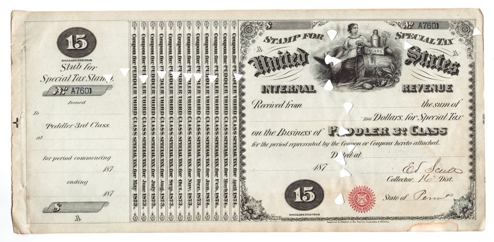 1870s United States Internal Revenue special tax stamp for 2nd class tobacco peddler