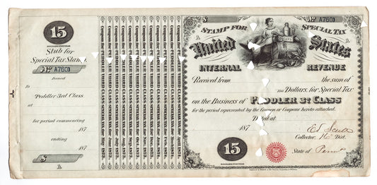 1870s United States Internal Revenue special tax stamp for 2nd class tobacco peddler