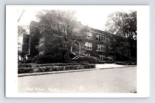 Medina Ohio high school building with trees landscaping and brick facade 1950s RPPC postcard