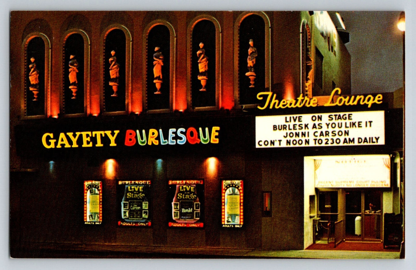 Miami Florida Gayety Theatre burlesque neon marquee night 1970s postcard
