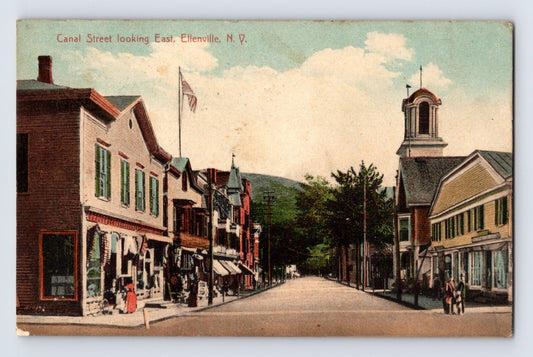 Ellenville New York Canal Street looking east storefronts church street scene 1911 postcard