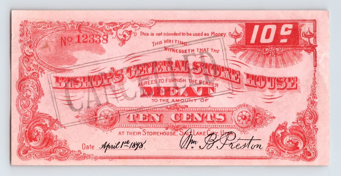 Bishop's General Store 1898 Meat Scrip Currency Cancelled Salt Lake City UT