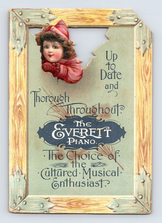 Everett Piano Victorian trade card with die cut frame design girl portrait and decorative typography advertising cultured musical instrument 1890s