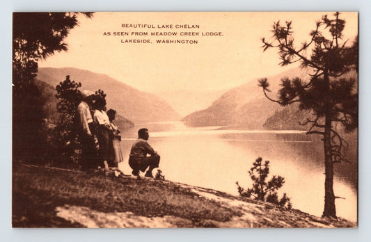 Lake Chelan Washington view from Meadow Creek Lodge Lakeside postcard 1930s