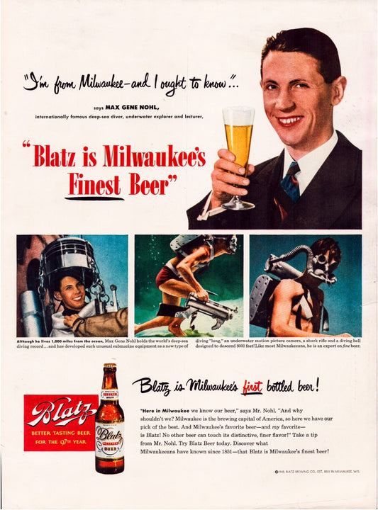 Blatz Beer 1948 print ad deep sea diver illustration full page vintage beer advertising