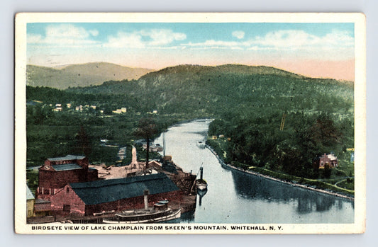 Whitehall New York Skeen’s Mountain birdseye view of Lake Champlain with coal docks and waterfront buildings, 1941 posted postcard