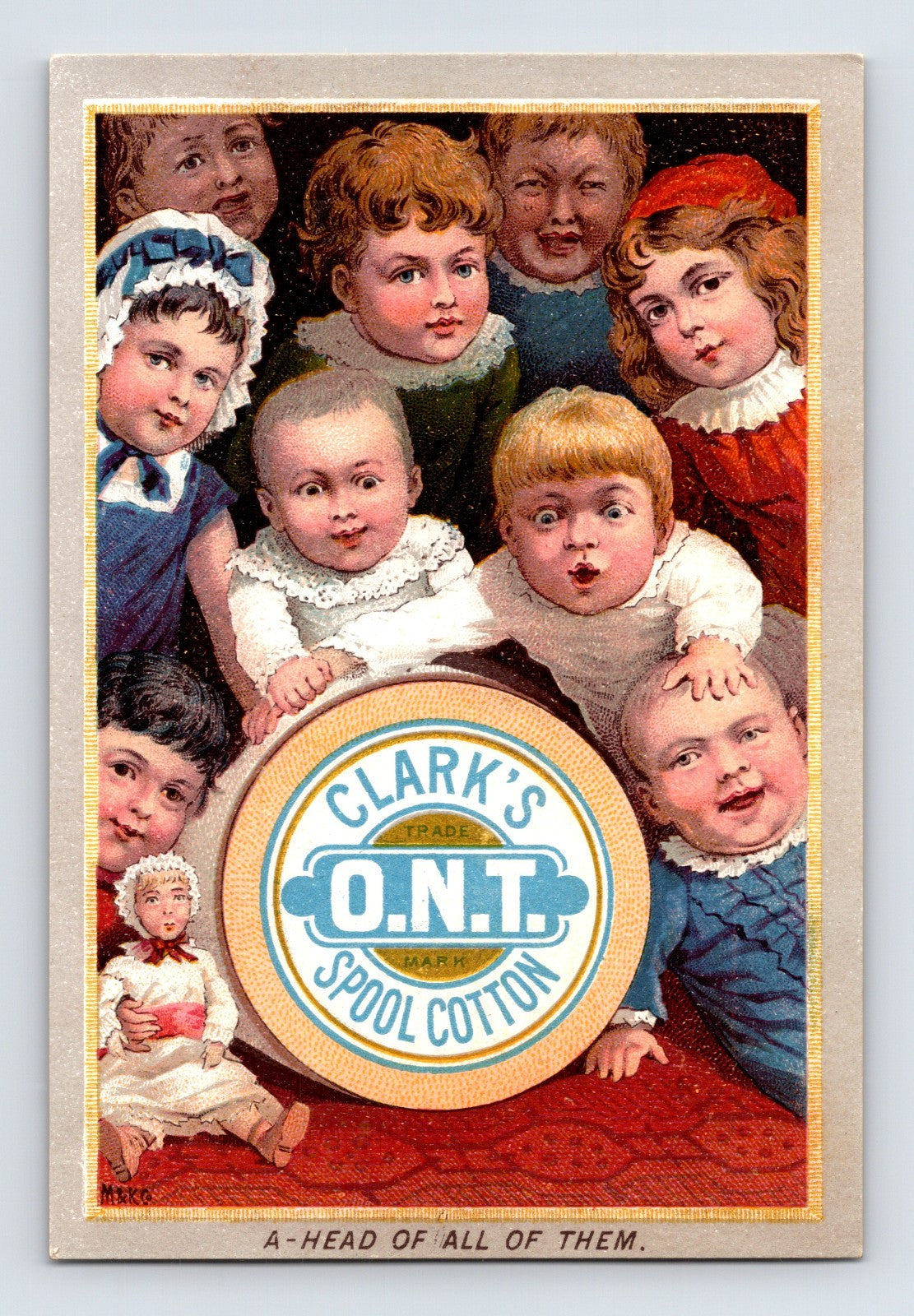 Clarks ONT spool cotton trade card children faces around spool 1890s