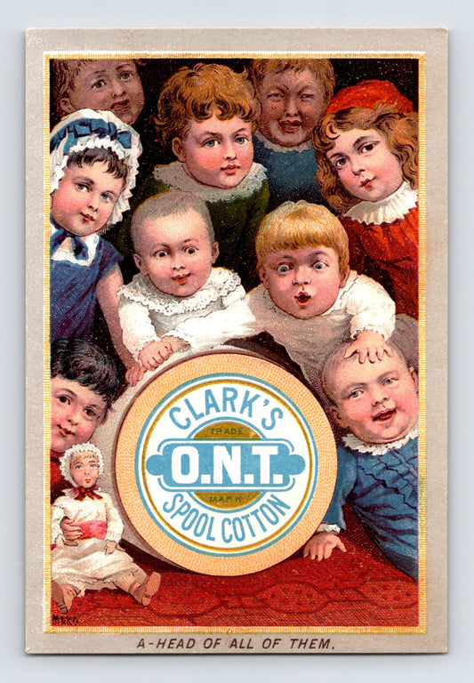 Clarks ONT spool cotton trade card children faces around spool 1890s