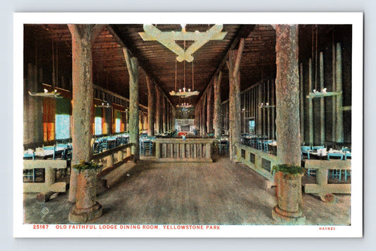 Yellowstone Wyoming Old Faithful Inn dining room log columns rustic interior postcard 1930s