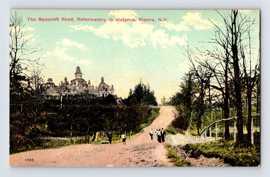 Elmira New York Bancroft Road reformatory building distant view 1910s postcard dirt road figures landscape