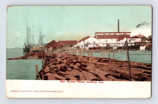 Eureka California waterfront lumber mill logs ship harbor pre 1907 postcard