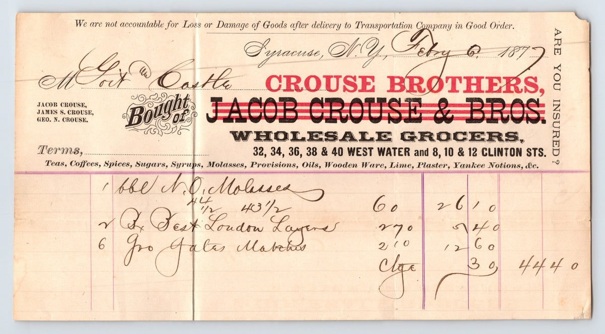 Crouse Brothers Syracuse New York 1877 wholesale grocers billhead invoice handwritten antique document 8 x 4.5