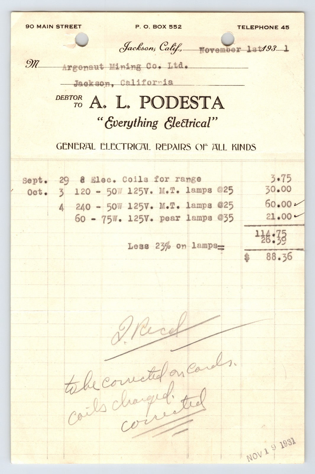 A L Podesta Everything Electrical billhead Jackson California 1931 Argonaut Mining Company
