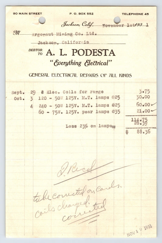 A L Podesta Everything Electrical billhead Jackson California 1931 Argonaut Mining Company