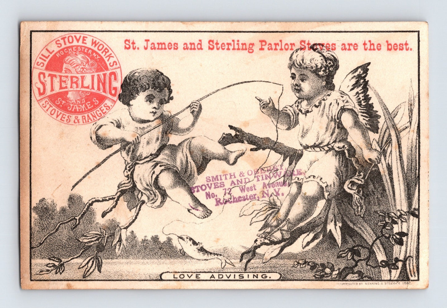 St James Sterling Stove Rochester New York 1882 trade card featuring cupid figures with parlor stove advertising and illustrated stove reverse.