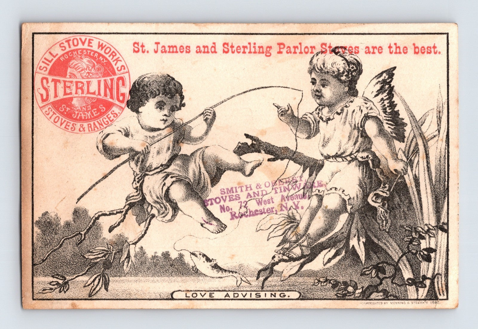 St James Sterling Stove Rochester New York 1882 trade card featuring cupid figures with parlor stove advertising and illustrated stove reverse.