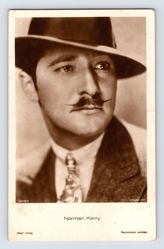 Norman Kerry silent film star portrait fedora mustache 1930s RPPC Ross Verlag postcard