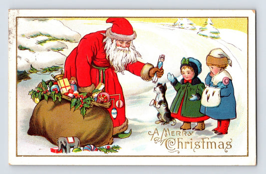 Santa Claus giving a toy doll to two bundled children beside a large toy sack in a snowy Christmas scene postcard.
