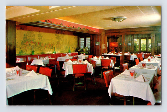 Mid-century restaurant interior with white tablecloth dining room red chairs mural wall and wood paneling Piane Grill Room Wilmington Delaware postcard
