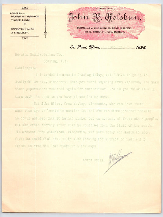 St Paul Minnesota 1898 John B Kolburn prairie hardwood timber lands letterhead typed letter document 8.5 x 11