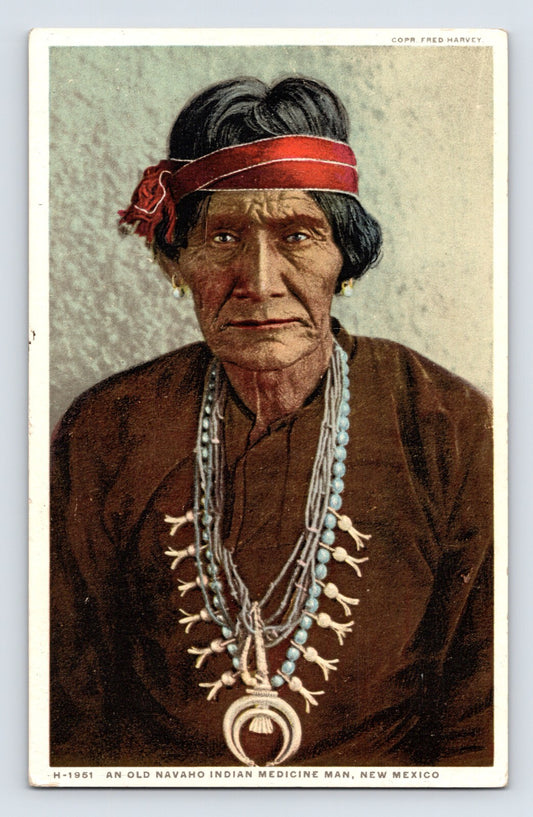 New Mexico Navajo medicine man portrait with red headband and turquoise necklace 1910s postcard