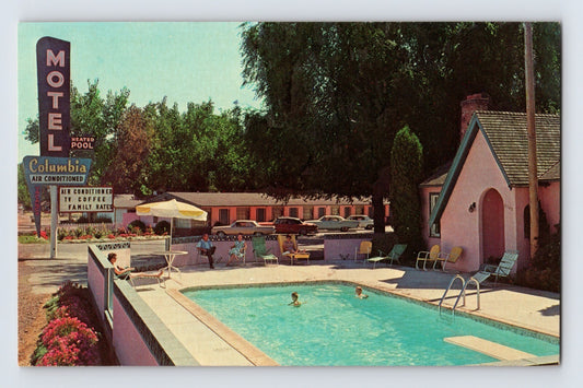 Yakima Washington Columbia Motel swimming pool cars chrome postcard 1960s