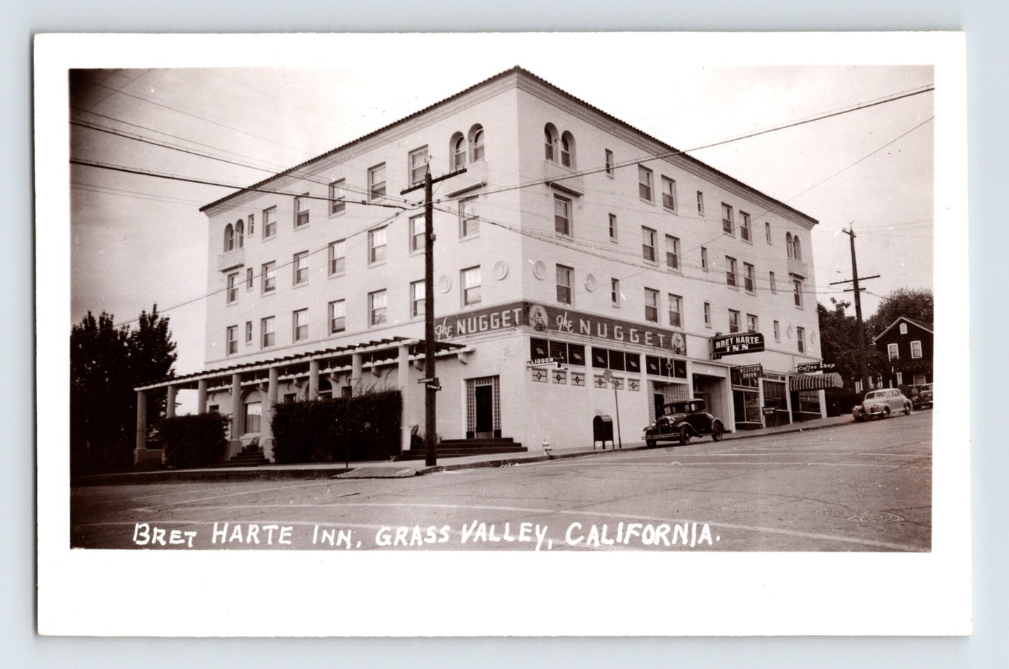 Bret Harte Inn Hotel Nugget Grass Valley California downtown building RPPC postcard