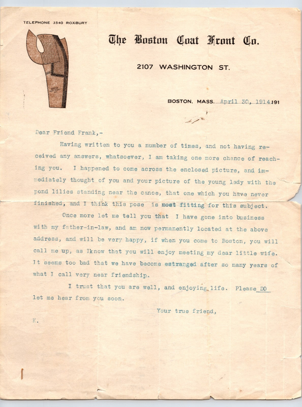 Boston Massachusetts Boston Coat Front Company 1914 letterhead with garment trade branding and typed business correspondence on full sheet paper
