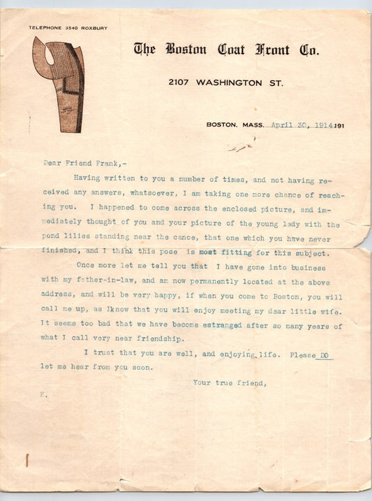 Boston Massachusetts Boston Coat Front Company 1914 letterhead with garment trade branding and typed business correspondence on full sheet paper