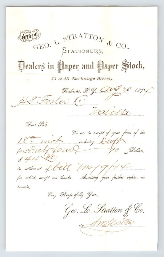 Rochester New York 1874 Geo. L. Stratton Stationers Paper Stock Billhead 8 x 5
