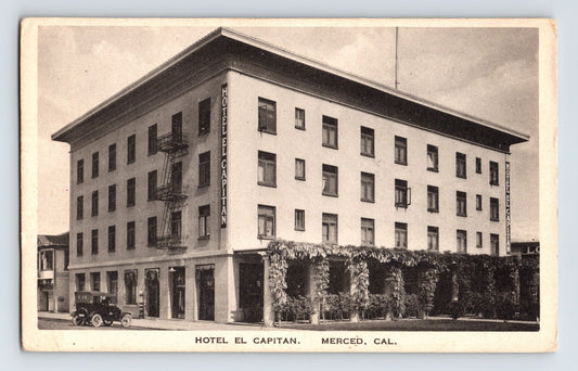 Merced California Hotel El Capitan 1940s Postcard Unposted Black and White