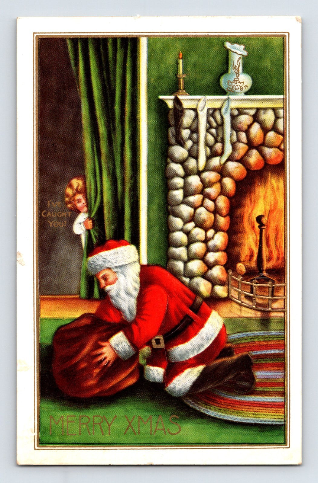 Santa Claus caught beside a fireplace while carrying a toy sack as a child peeks from behind a curtain on a Christmas postcard.