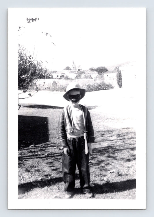 Boy Halloween cowboy costume hat mask backyard snapshot mid century