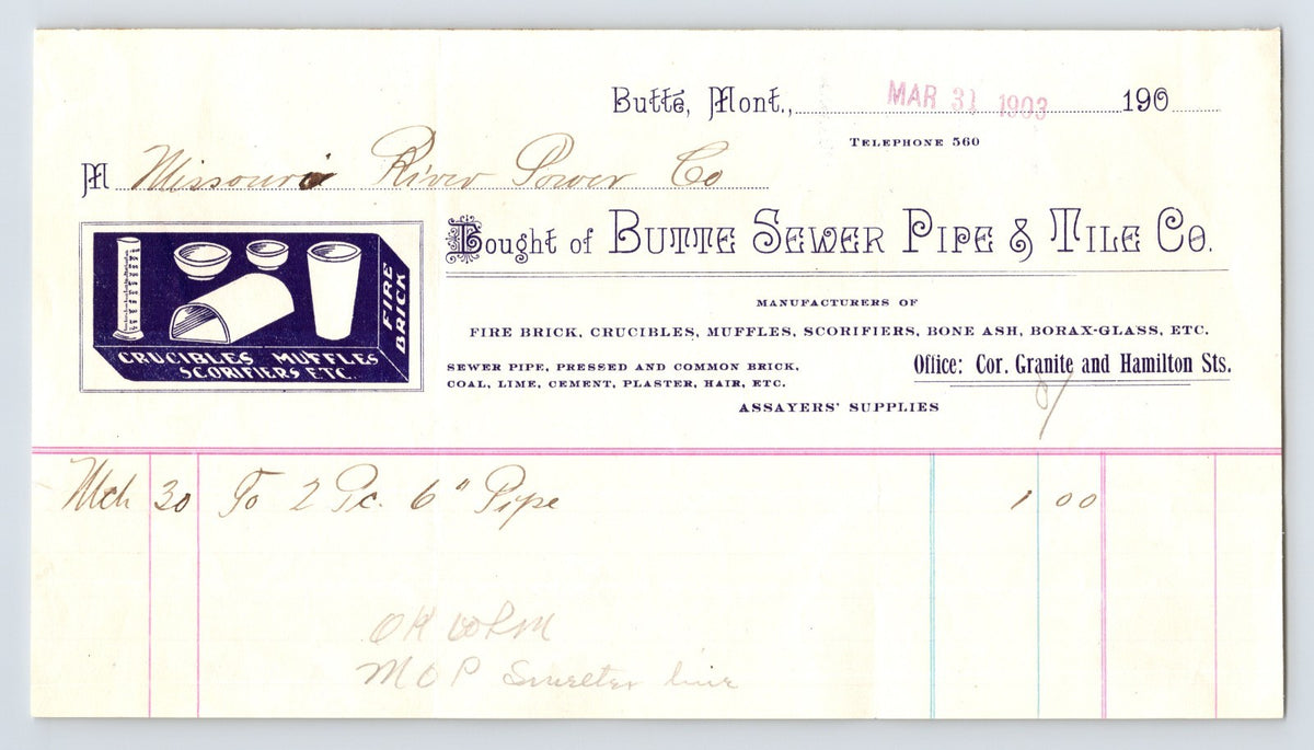 1903 Butte Montana Butte Sewer Pipe Tile Co Missouri River Power Co Billhead 8 x 4.5
