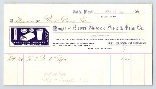 1903 Butte Montana Butte Sewer Pipe Tile Co Missouri River Power Co Billhead 8 x 4.5