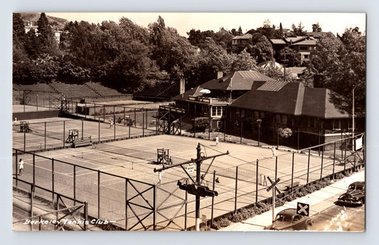 Berkeley Tennis Club California 1940s real photo postcard showing clay courts clubhouse and hillside setting