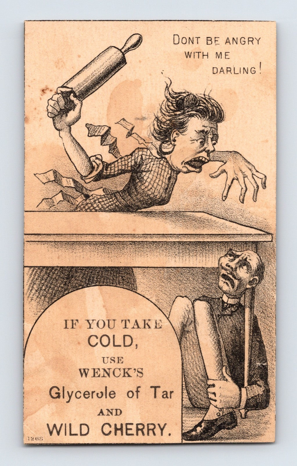 Victorian trade card advertising Wenck’s Glycerole of Tar and Wild Cherry featuring a humorous illustration of an angry woman with a rolling pin chasing a frightened man.