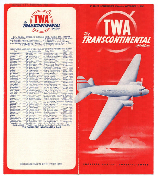 TWA Transcontinental Airline 1942 system timetable brochure Vanishing Borders cover red airplane
