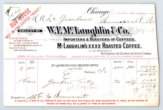 Chicago Illinois W T McLaughlin Coffee billhead 1900 roasted coffee invoice ornate typography importers roasters document