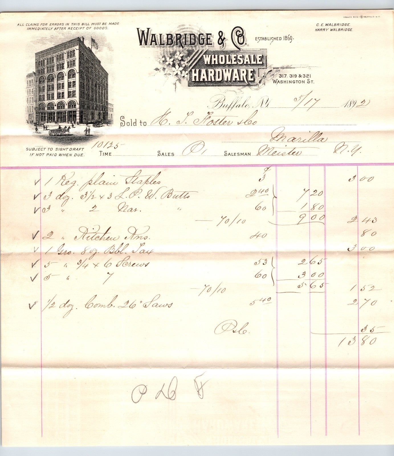 Buffalo New York 1892 Walbridge Wholesale Hardware Billhead - 8.5 x 9