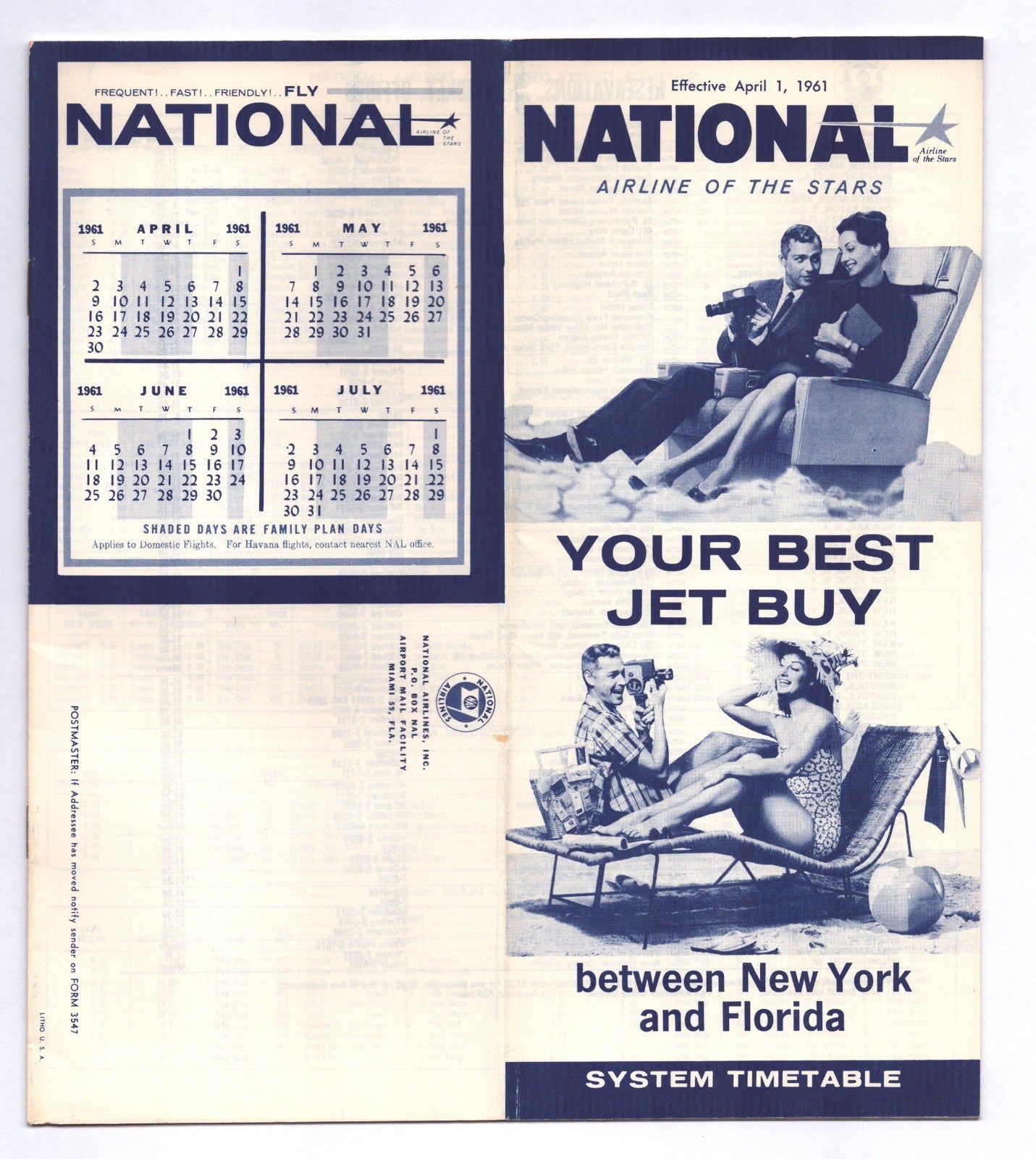 National Airlines April 1961 Your Best Jet Buy system timetable brochure with swimsuit travel advertisement