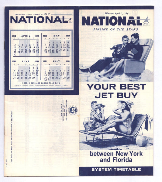National Airlines April 1961 Your Best Jet Buy system timetable brochure with swimsuit travel advertisement